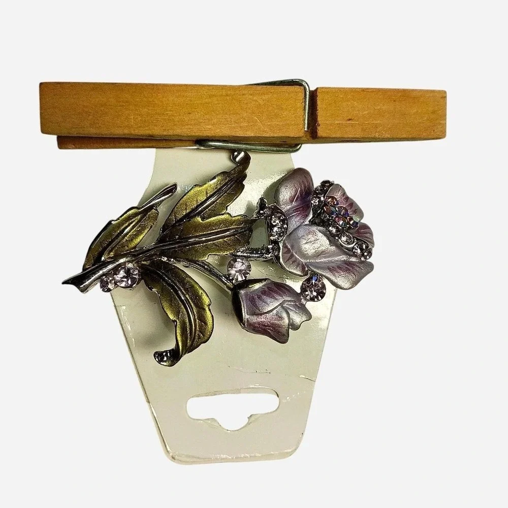 Pink, Green  And Gold Floral Brooch With Rhinestone Acccents